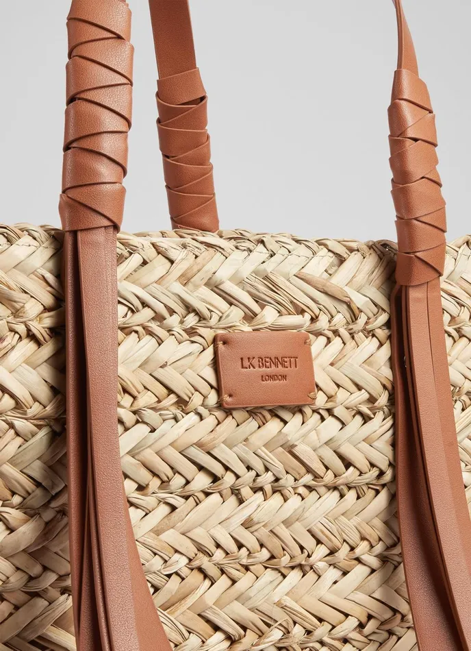 LK Bennett Violetta Cream Leather Tassel Straw Bag Women Tote Bags