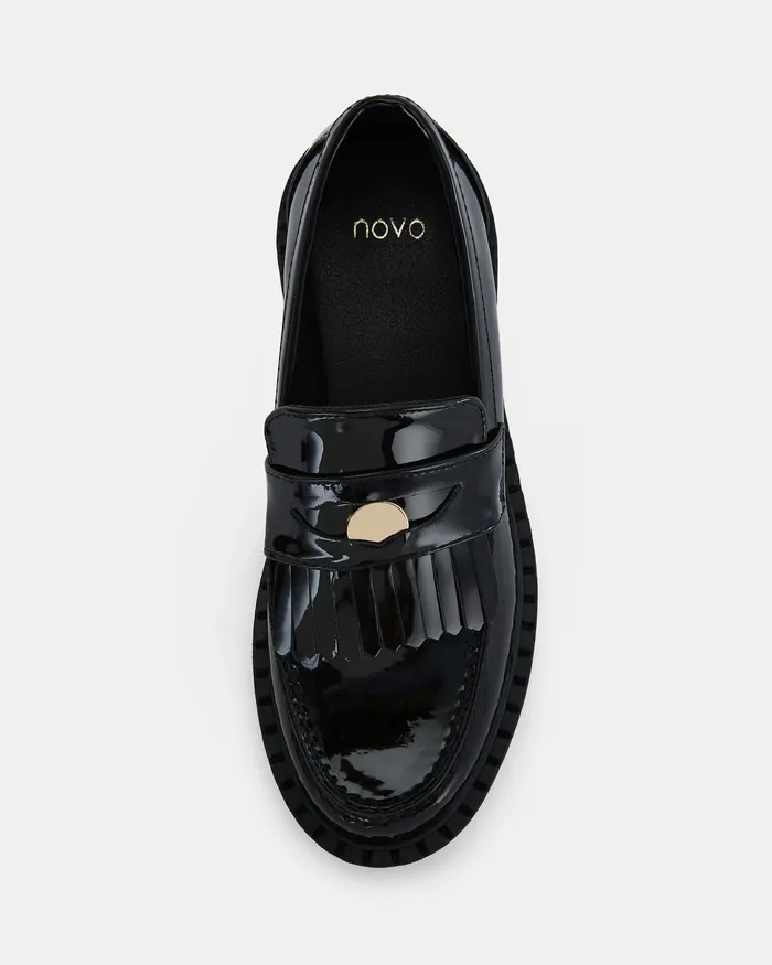 Loafers Women NOVO Shoes COSENZA Black Patent Slip Ons