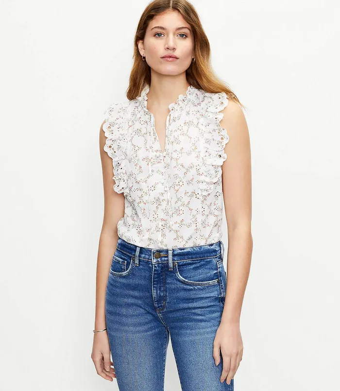 LOFT Bouquet Split Neck Ruffle Shell Whisper White Women Tops