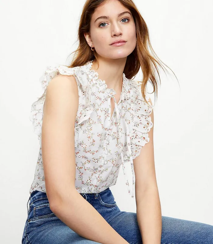 LOFT Bouquet Split Neck Ruffle Shell Whisper White Women Tops