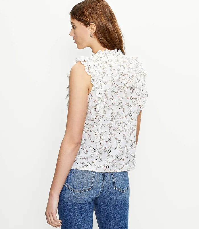 LOFT Bouquet Split Neck Ruffle Shell Whisper White Women Tops