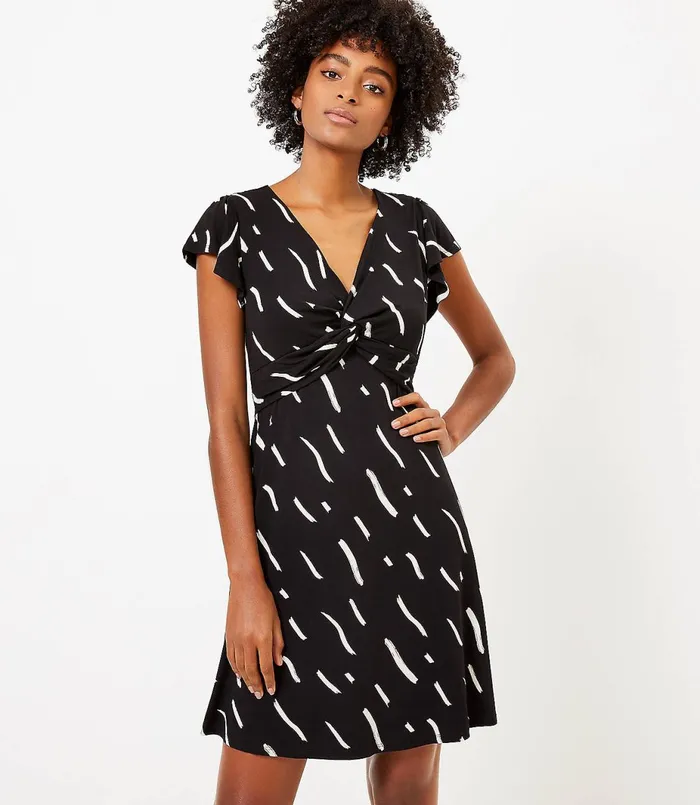 LOFT Brushstroke Knotted Swing Dress Black Women Swing Dresses