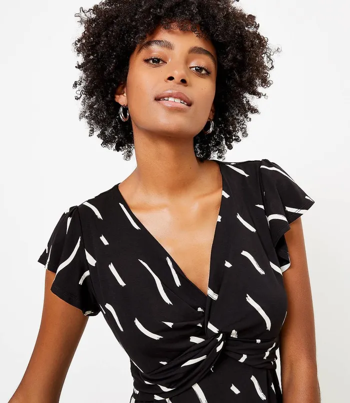 LOFT Brushstroke Knotted Swing Dress Black Women Swing Dresses
