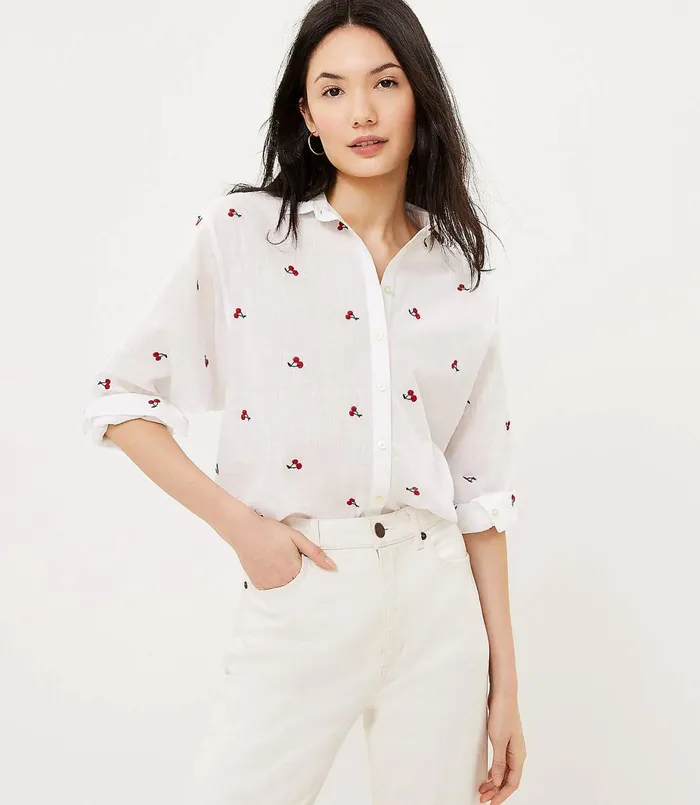 LOFT Cherry Embroidered Relaxed Shirt White Women Tops