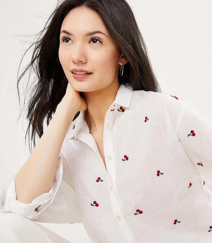LOFT Cherry Embroidered Relaxed Shirt White Women Tops