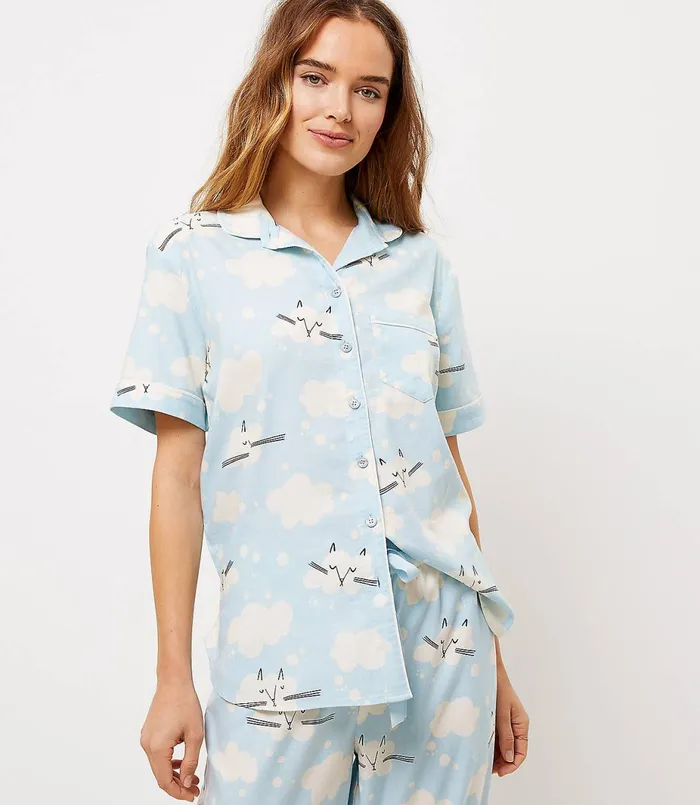 LOFT Cloud Kitty Pajama Top Light Cerulean Blue Women Sleepwear