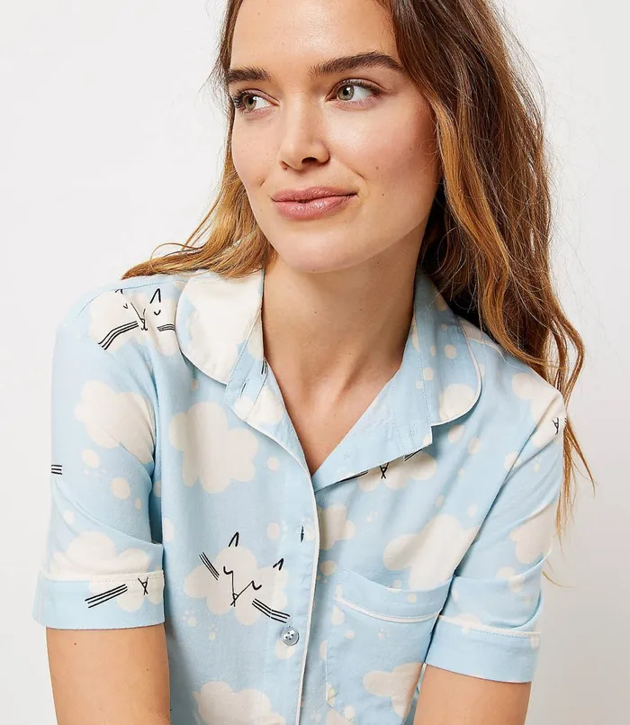 LOFT Cloud Kitty Pajama Top Light Cerulean Blue Women Sleepwear