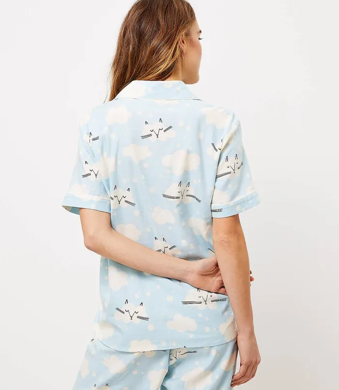 LOFT Cloud Kitty Pajama Top Light Cerulean Blue Women Sleepwear