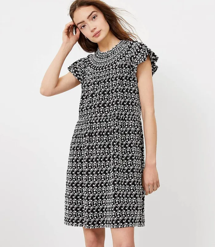 LOFT Eyelet Smocked Yoke Swing Dress Black Women Swing Dresses