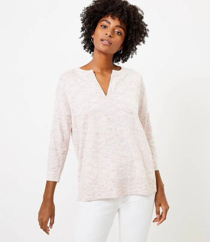 LOFT Flecked Split Neck Tunic Sweater Pink Oatmeal Heather Women Sweaters