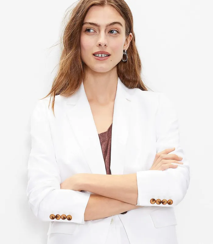 LOFT Linen Blend Boyfriend Blazer White Women Jackets and Blazers