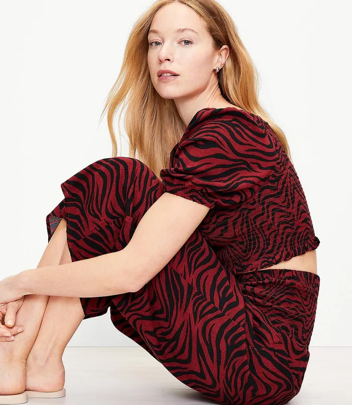 LOFT LOFT Beach Animal Print Smocked Puff Sleeve Top Henna Red Women Swim and Beach