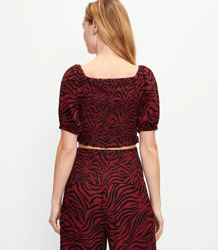 LOFT LOFT Beach Animal Print Smocked Puff Sleeve Top Henna Red Women Swim and Beach