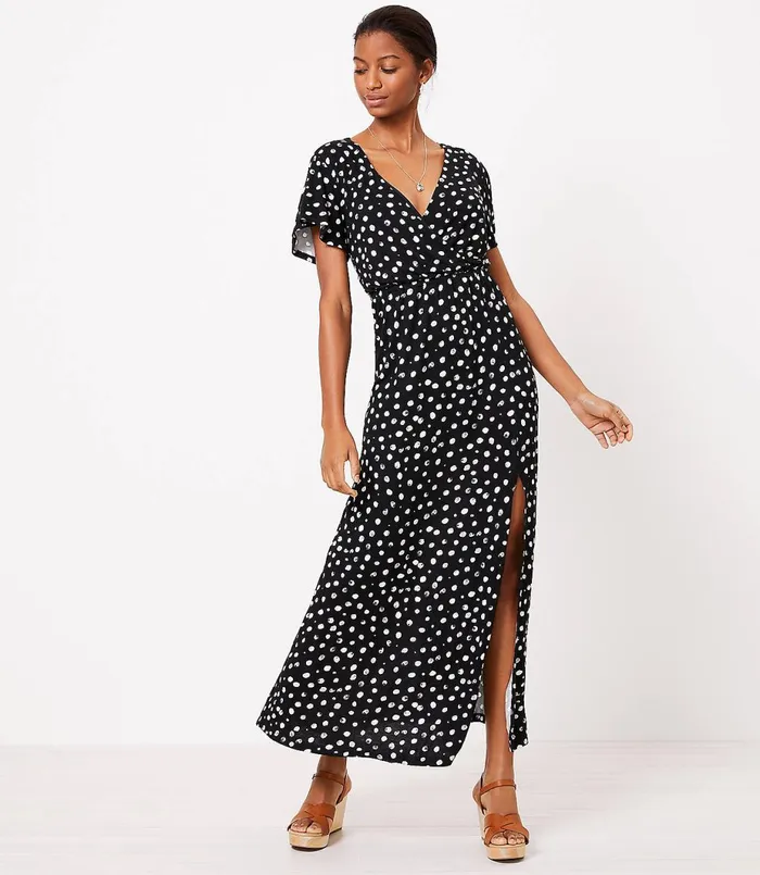 LOFT LOFT Beach Dotted Wrap Maxi Dress Black Women Work Dresses