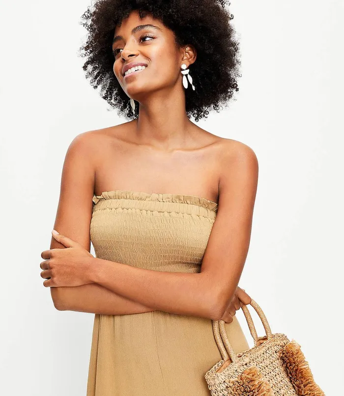 LOFT LOFT Beach Smocked Strapless Jumpsuit Intense Wheat Women Jumpsuits and Rompers