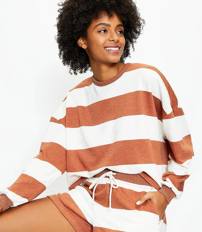LOFT Lou and Grey Striped Cozy Cotton Terry Sweatshirt Whisper White Women Petite Tees