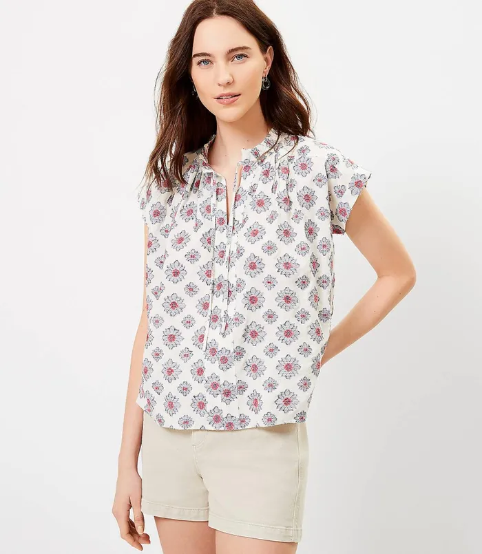 LOFT Medallion Split Neck Top White Women Tops