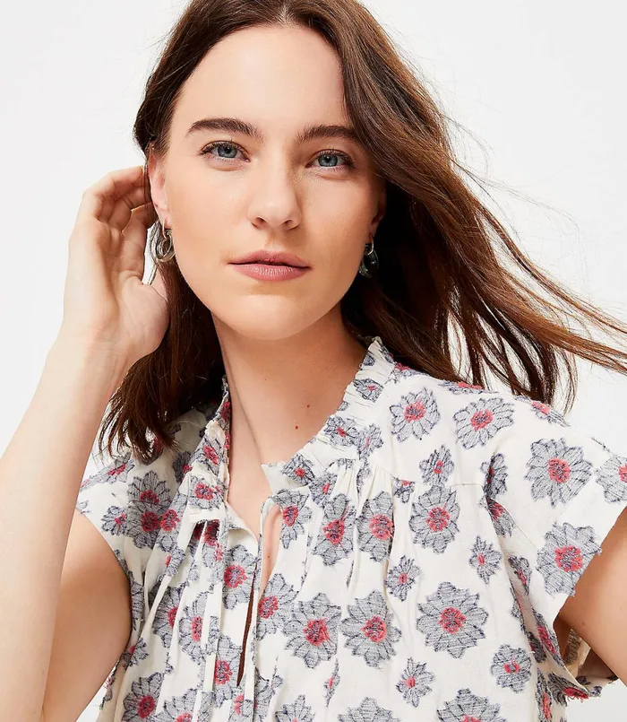 LOFT Medallion Split Neck Top White Women Tops