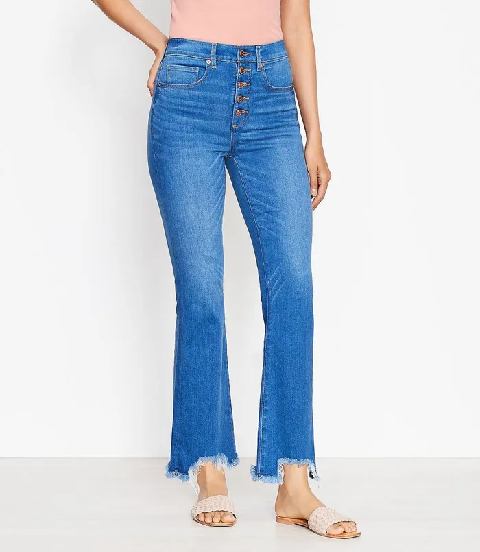 LOFT Petite Curvy Chewed Hem Button Front High Rise Kick Crop Jeans In Classic Indigo Wash Classic Indigo Wash Women Petite Jeans LOFT Petite Curvy Chewed Hem Button Front High Rise Kick Crop Jeans In Classic Indigo Wash Classic Indigo Wash Women Petite Jeans