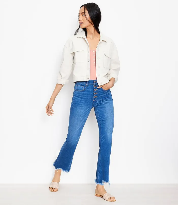 LOFT Petite Curvy Chewed Hem Button Front High Rise Kick Crop Jeans In Classic Indigo Wash Classic Indigo Wash Women Petite Jeans