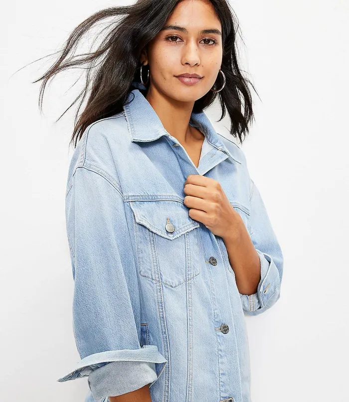 LOFT Petite Denim Trucker Jacket In Authentic Light Indigo Wash Authentic Light Indigo Wash Women Petite Jackets and Blazers
