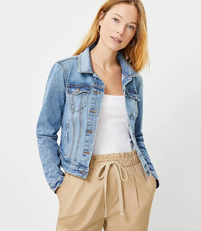 LOFT Petite Denim Trucker Jacket In Original Mid Indigo Original Mid Indigo Wash Women Petite Jackets and Blazers