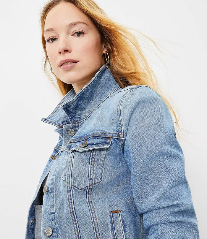 LOFT Petite Denim Trucker Jacket In Original Mid Indigo Original Mid Indigo Wash Women Petite Jackets and Blazers
