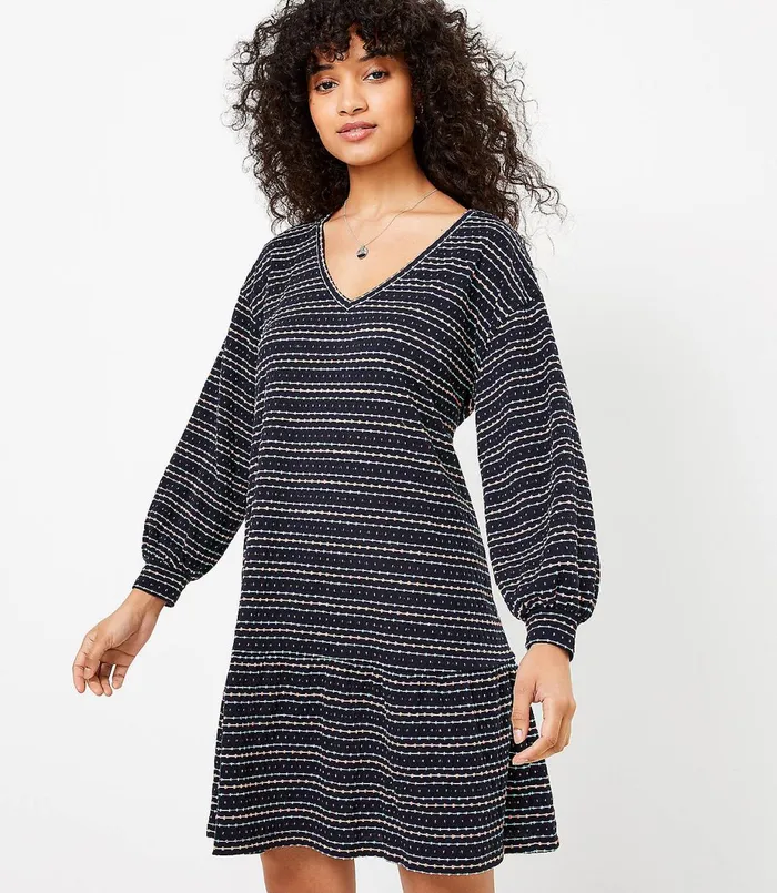 LOFT Petite Dot Stripe Flounce Sweatshirt Dress Midnight Multi Women Petite Dresses LOFT Petite Dot Stripe Flounce Sweatshirt Dress Midnight Multi Women Petite Dresses