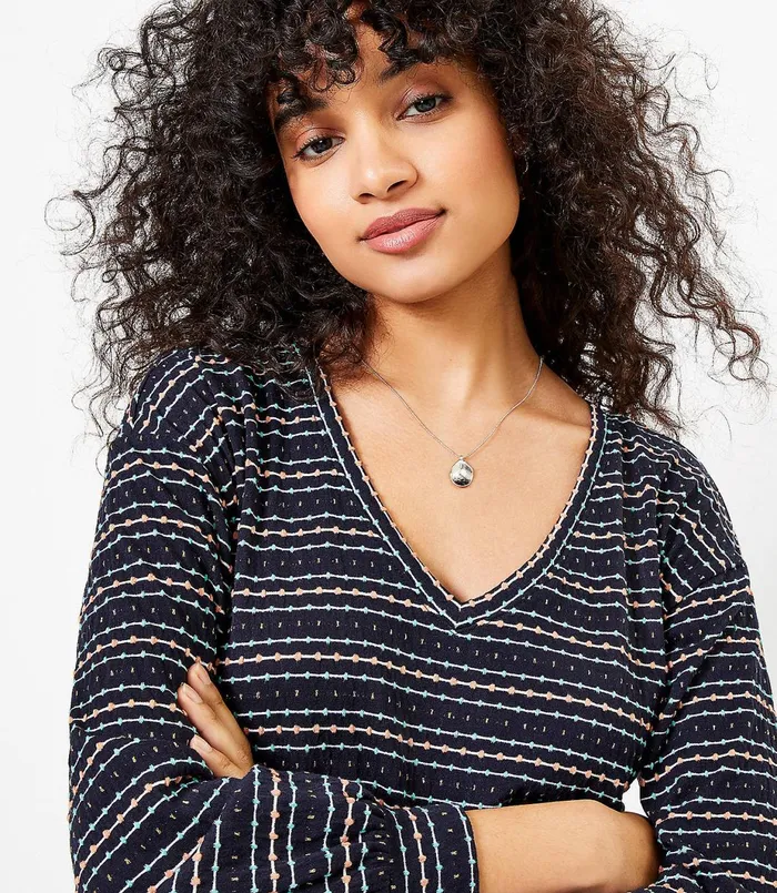 LOFT Petite Dot Stripe Flounce Sweatshirt Dress Midnight Multi Women Petite Dresses
