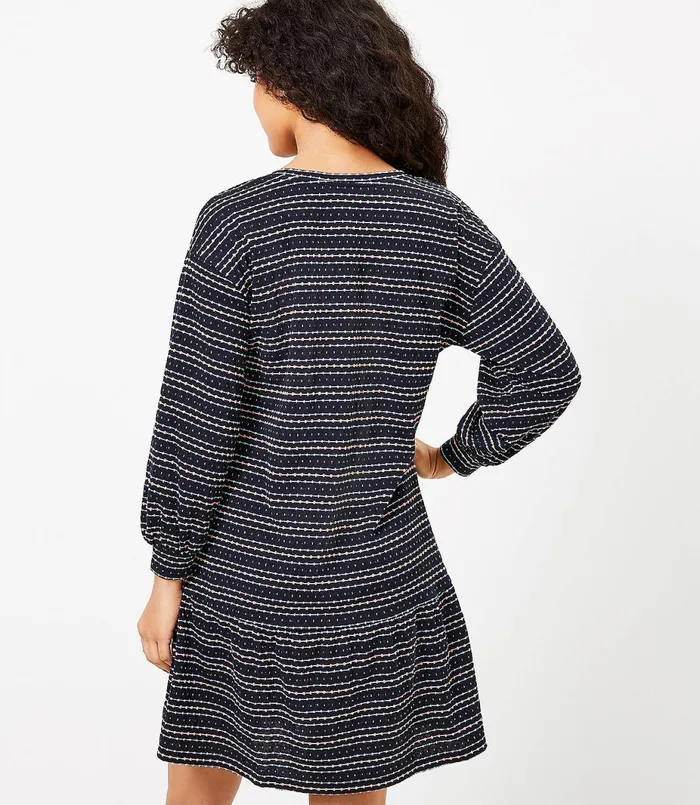 LOFT Petite Dot Stripe Flounce Sweatshirt Dress Midnight Multi Women Petite Dresses