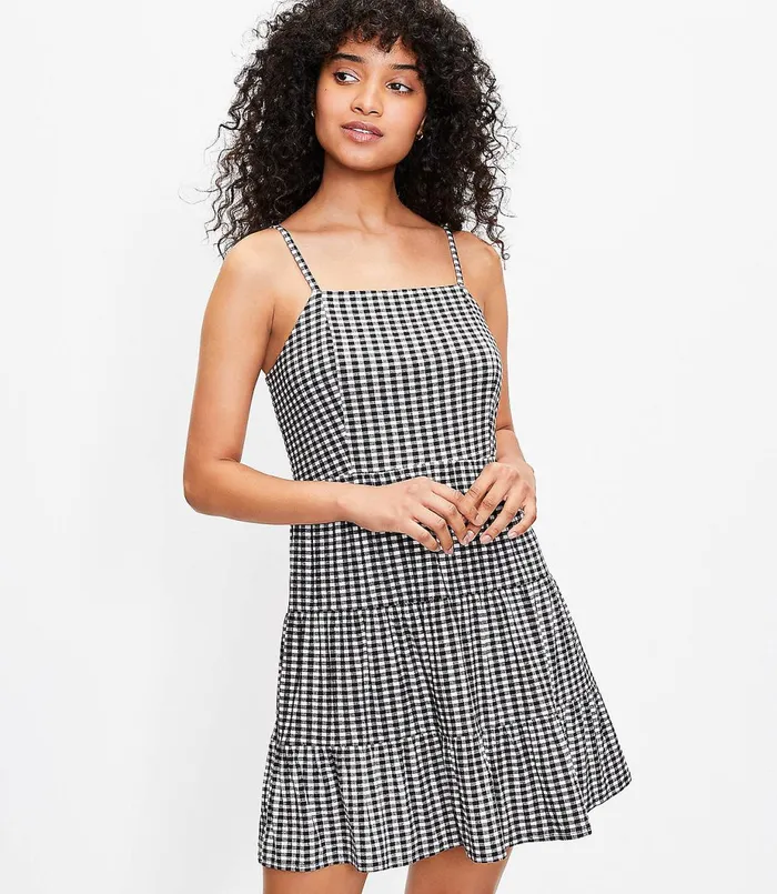 LOFT Petite Gingham Tiered Mini Dress Blackwhite Multi Women Petite Dresses