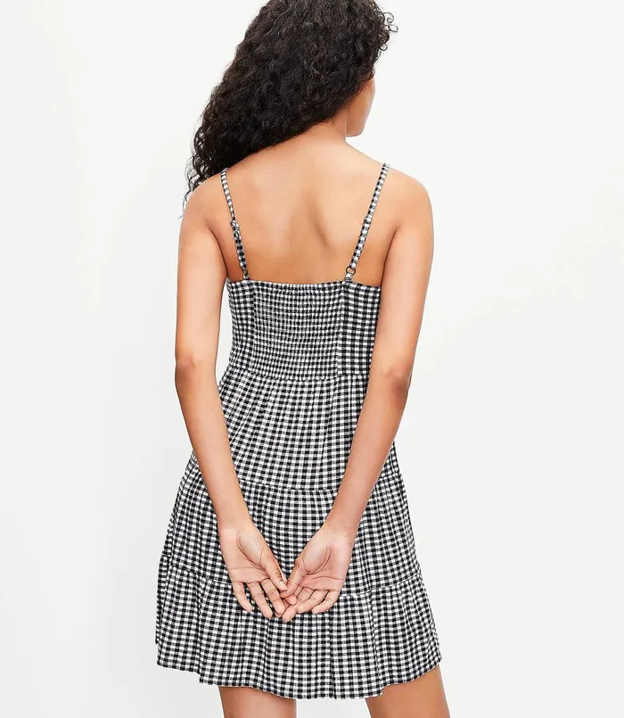 LOFT Petite Gingham Tiered Mini Dress Blackwhite Multi Women Petite Dresses
