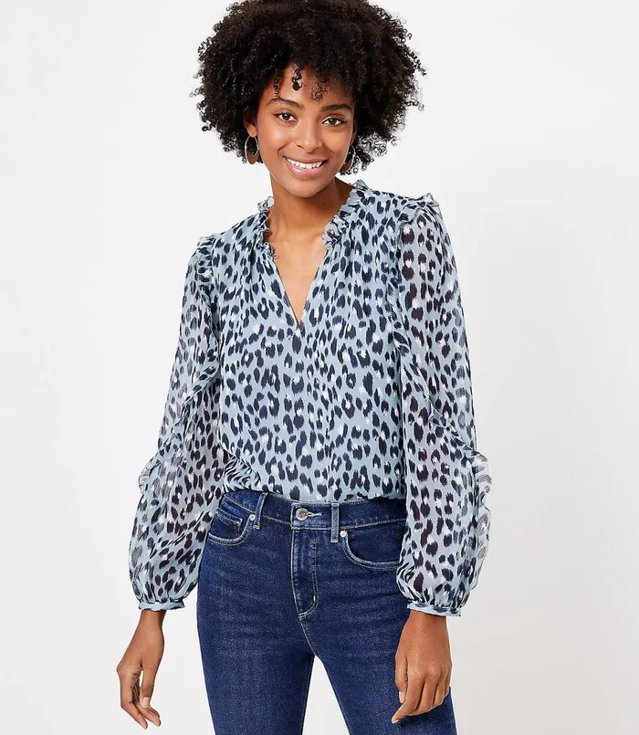 LOFT Petite Leopard Print Ruffle Sleeve Blouse Whisper White Women Petite Tops