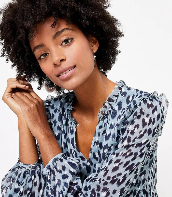 LOFT Petite Leopard Print Ruffle Sleeve Blouse Whisper White Women Petite Tops