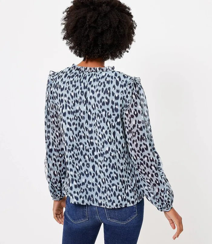 LOFT Petite Leopard Print Ruffle Sleeve Blouse Whisper White Women Petite Tops