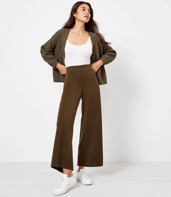 LOFT Petite Pull On Wide Leg Crop Pants In Knit Dried Adobe Women Petite Pants