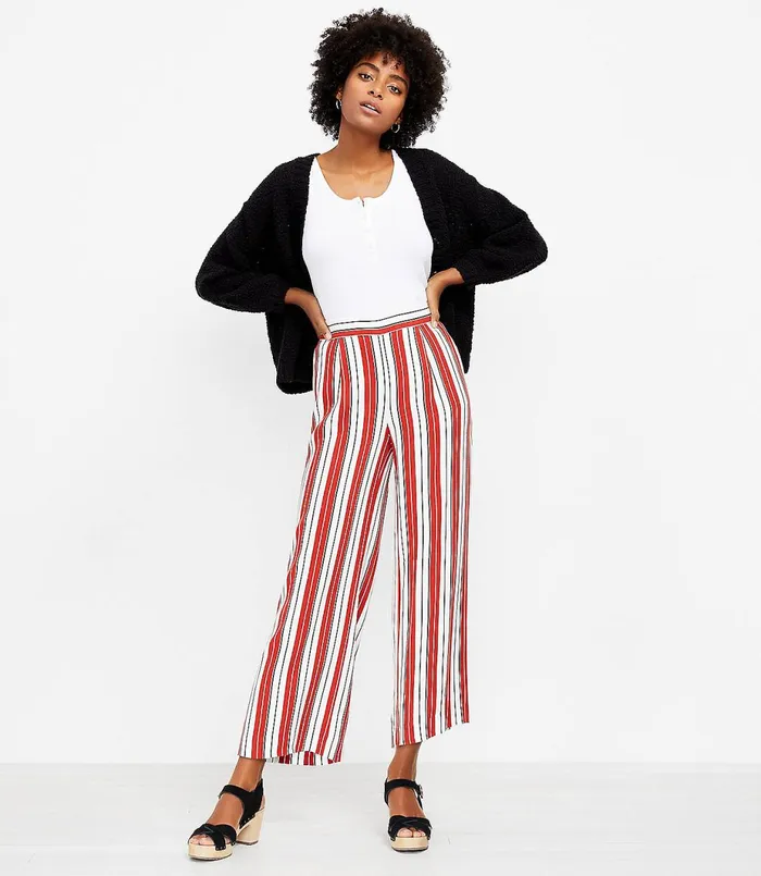LOFT Petite Pull On Wide Leg Crop Pants In Stripe Whisper White Women Petite Pants