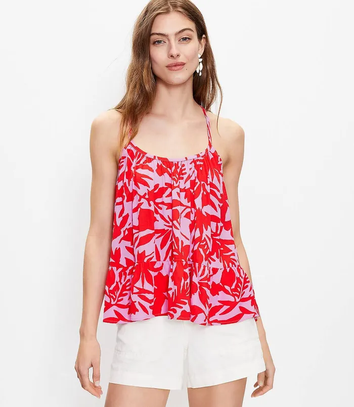 LOFT Petite Tropic Shirred Peplum Cami Lilac Punch Women Petite Tops