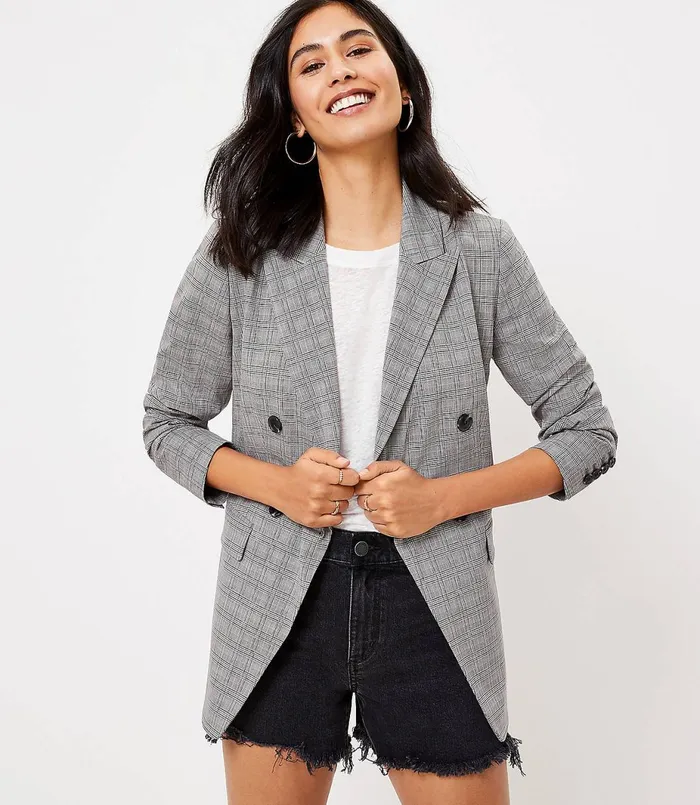 LOFT Plaid Double Breasted Blazer Black Women Jackets and Blazers