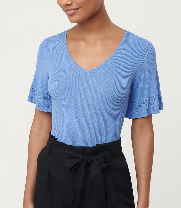 LOFT Pointelle Flutter Sleeve Sweater Tee Black Women Sweaters