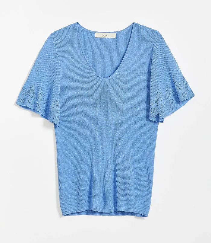 LOFT Pointelle Flutter Sleeve Sweater Tee Black Women Sweaters