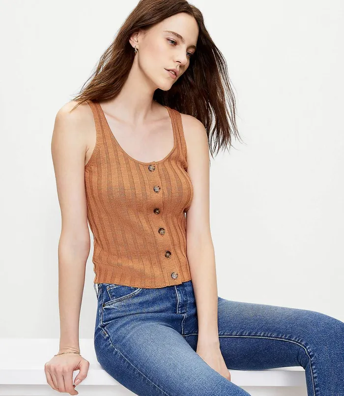 LOFT Ribbed Button Sweater Tank Sundried Vine Women Loungewear