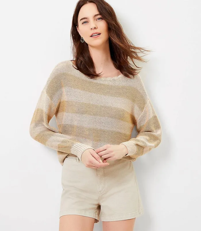 LOFT Striped Boatneck Sweater Black Women Sweaters