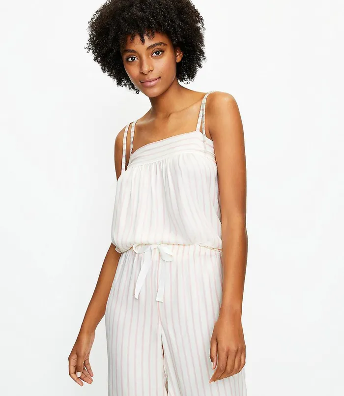 LOFT Striped Bow Strap Pajama Cami Whisper White Women Sleepwear