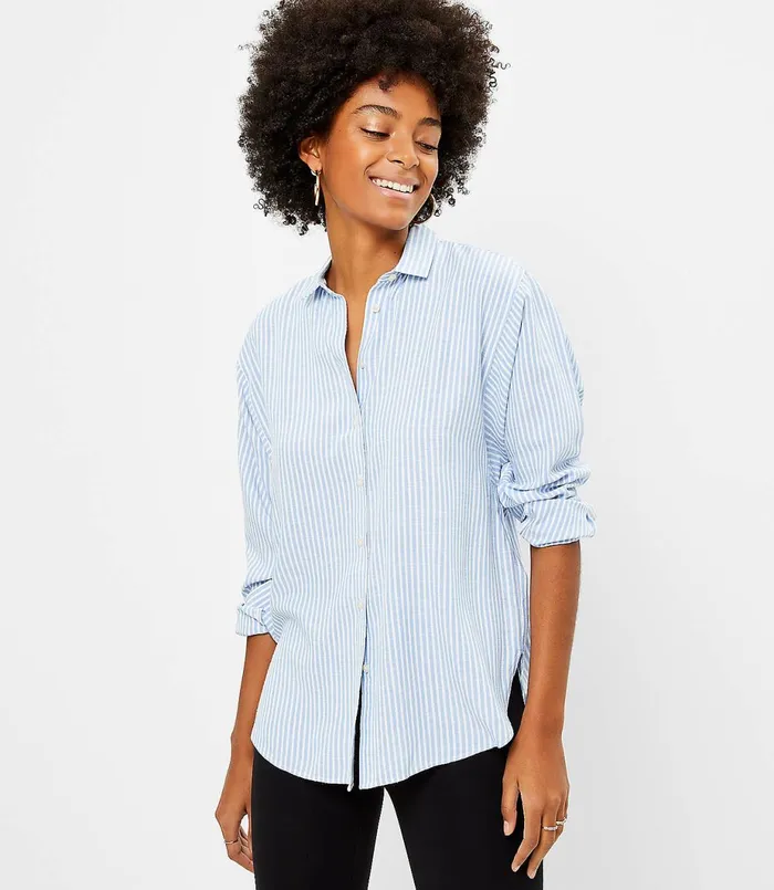 LOFT Striped Relaxed Shirt White Women Tops