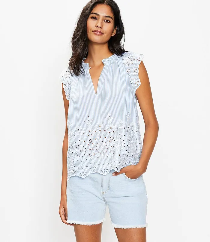 LOFT Striped Scalloped Eyelet Shell White Women Tops