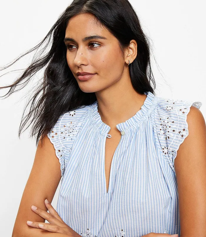 LOFT Striped Scalloped Eyelet Shell White Women Tops