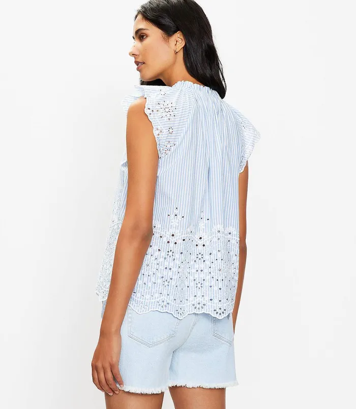 LOFT Striped Scalloped Eyelet Shell White Women Tops