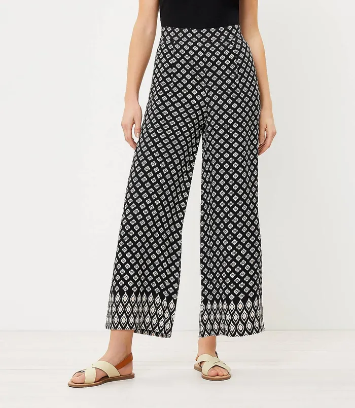 LOFT The Pull On Wide Leg Crop Pant Black Women Pants