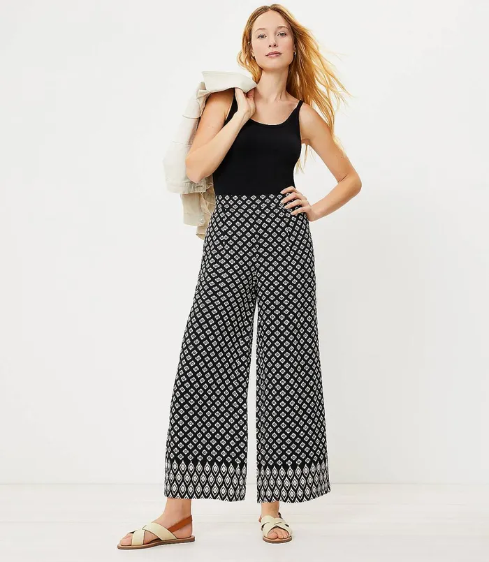 LOFT The Pull On Wide Leg Crop Pant Black Women Pants